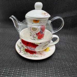 Grace Teaware Tea for One Cup Saucer Infuser With Lid Teapot Poppy Design